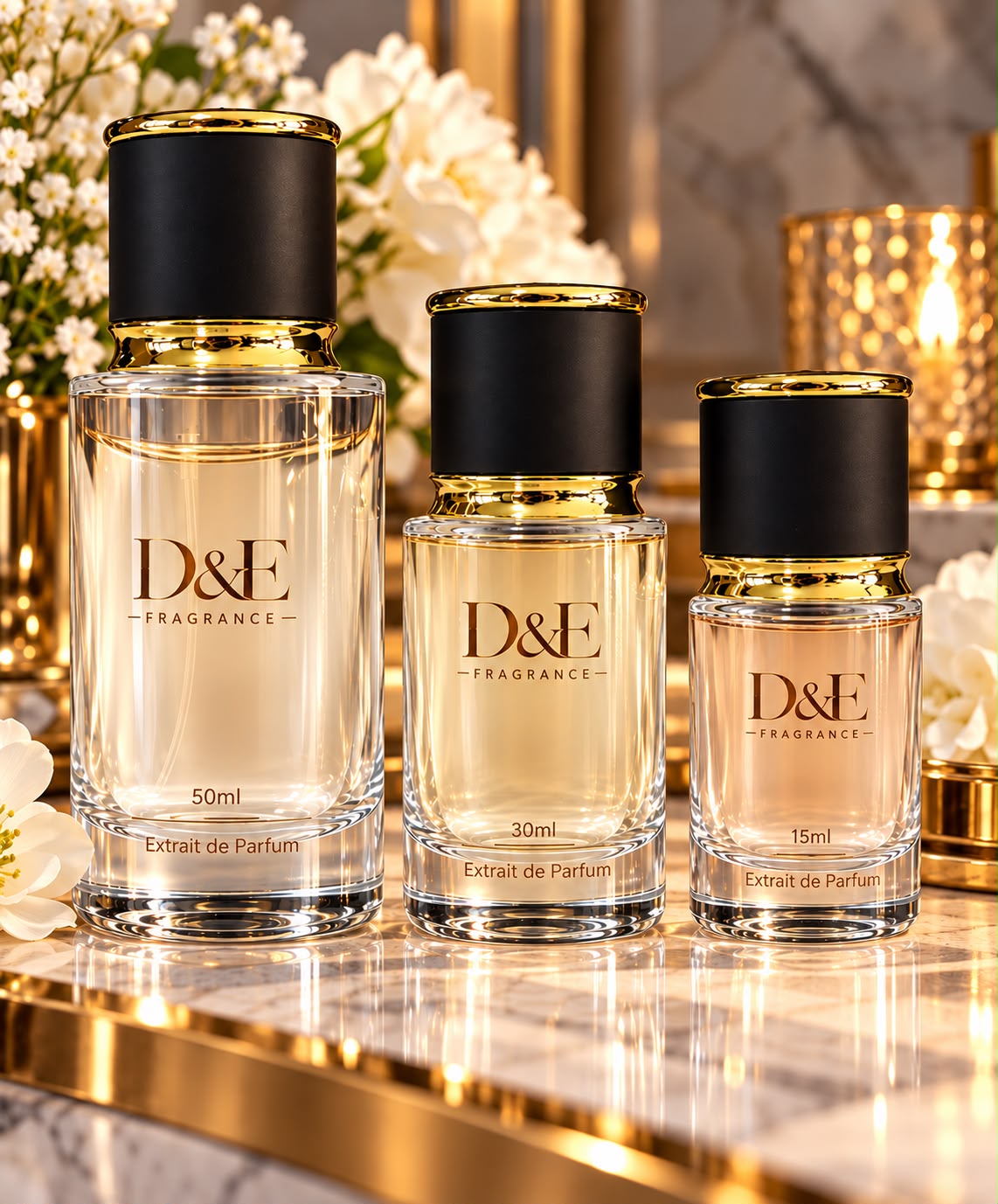 D&E Fragrance 50ml, 30ml and 15ml bottles