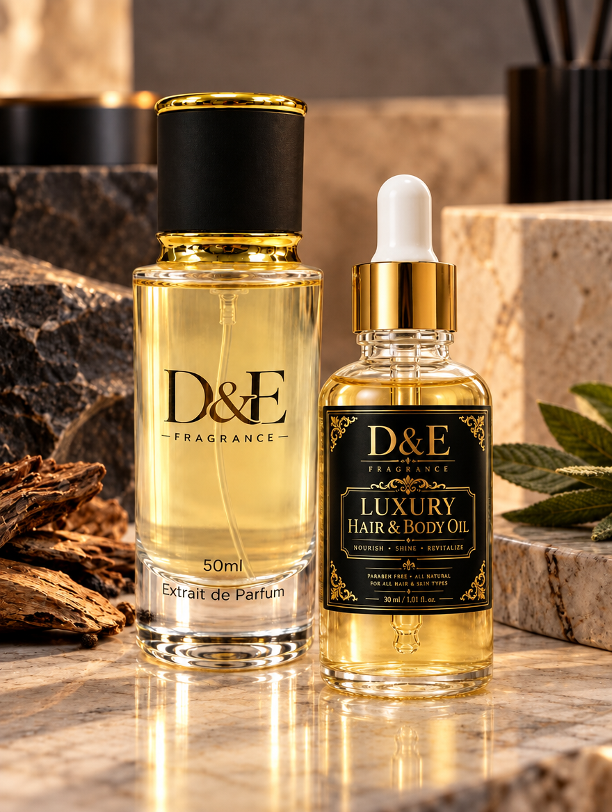 D&E Fragrance Bundle Deal – 50ml Extrait de Parfum with 30ml Luxury Hair & Body Oil